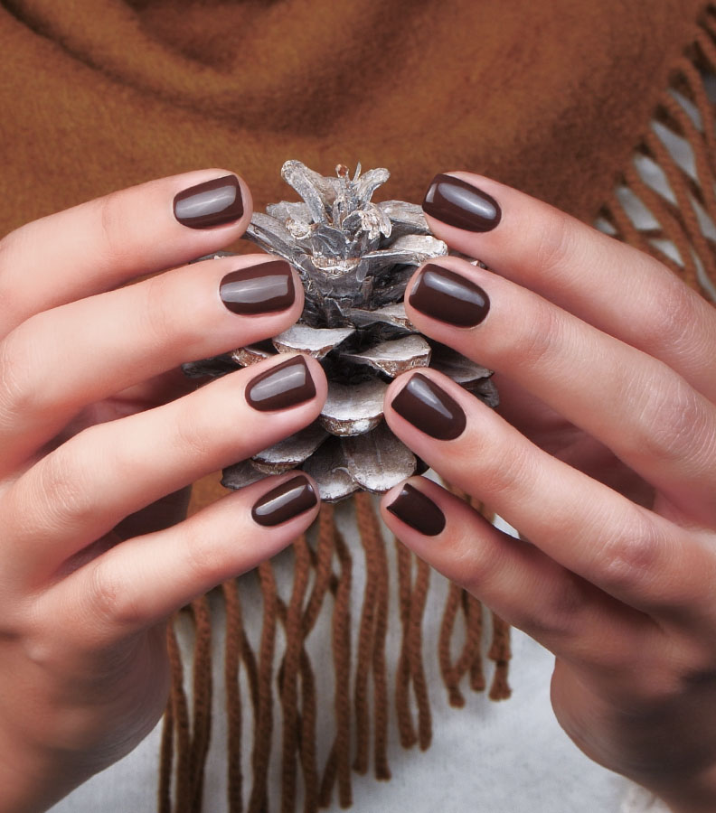 Mani con smalto semipermanente gel 3 in 1 Estrosa colore marrone scuro della collezione Persistence, manicure professionale in stile natalizio.